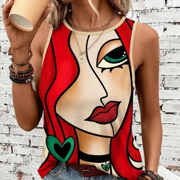 Women's Summer Vacation Printed Tank Top With Face Print - Picture 1 of 5